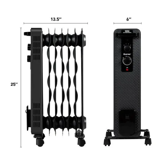 1500 W Oil-Filled Heater Portable Radiator Space Heater with Adjustable Thermostat-Black
