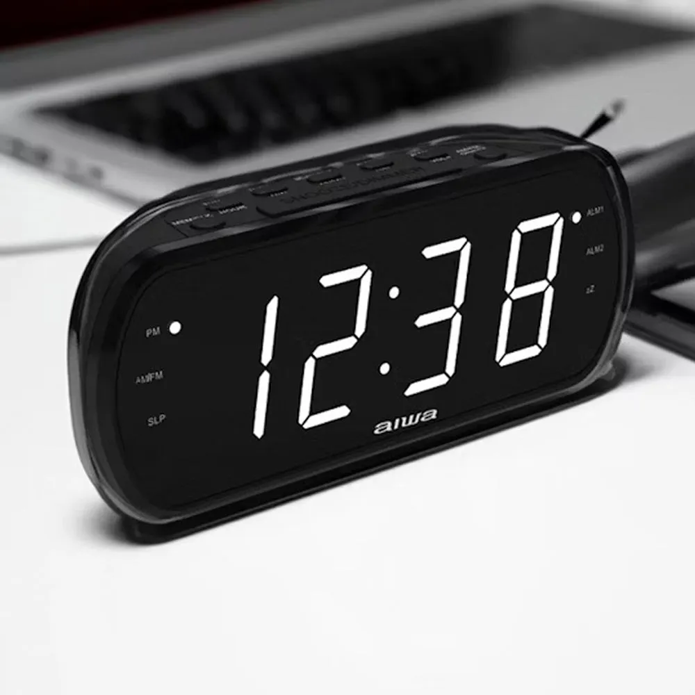 Aiwa Dual Alarm Clock Radio with Large LED Display & Backup Battery (Black)