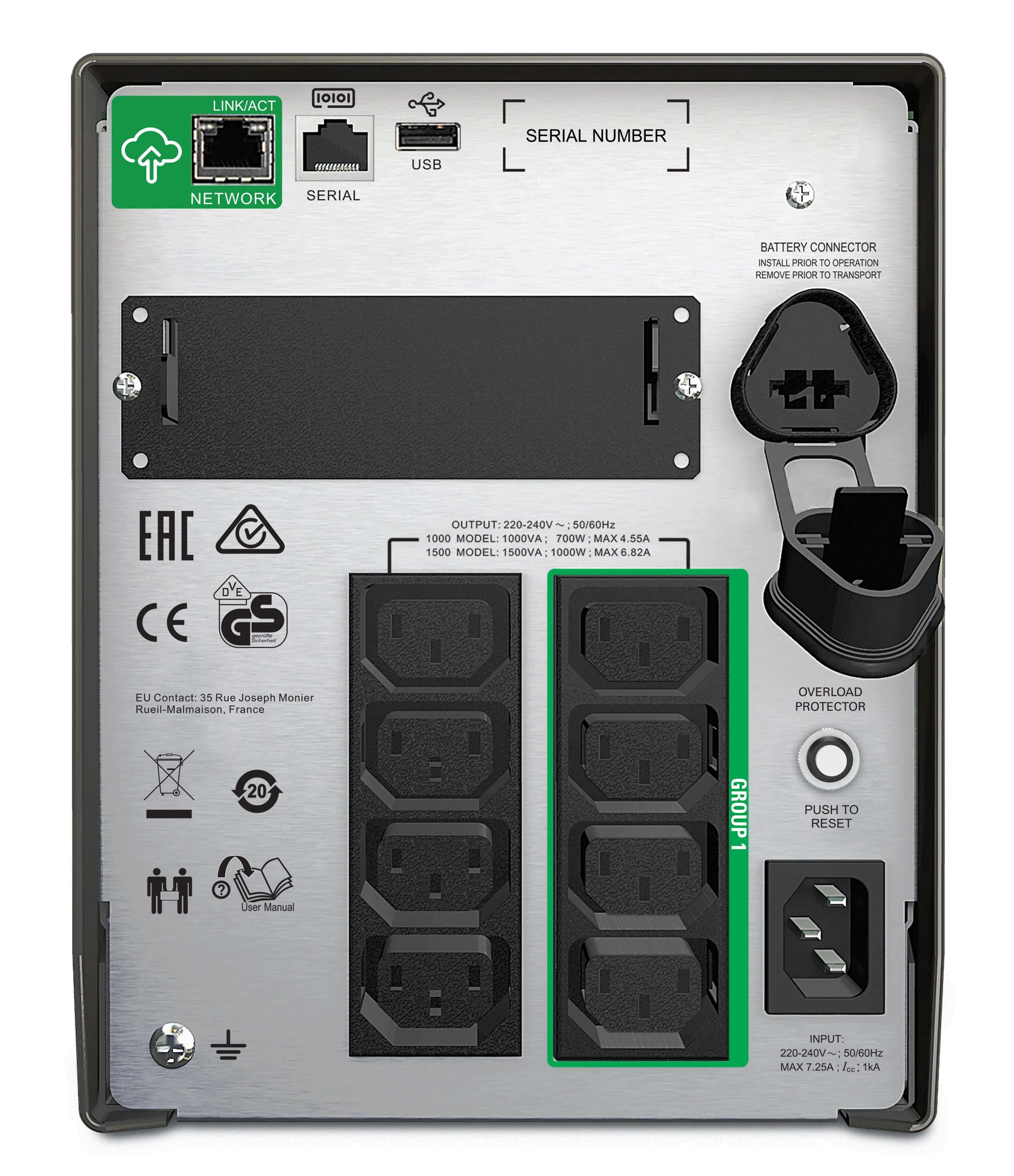 Apc Smart-Ups Smt1500ic - Ups - Ac 220/230/240 V - 1000 Watt - 1500 Va - Rs-232, Usb - Output Connectors: 8 - Black - Wi