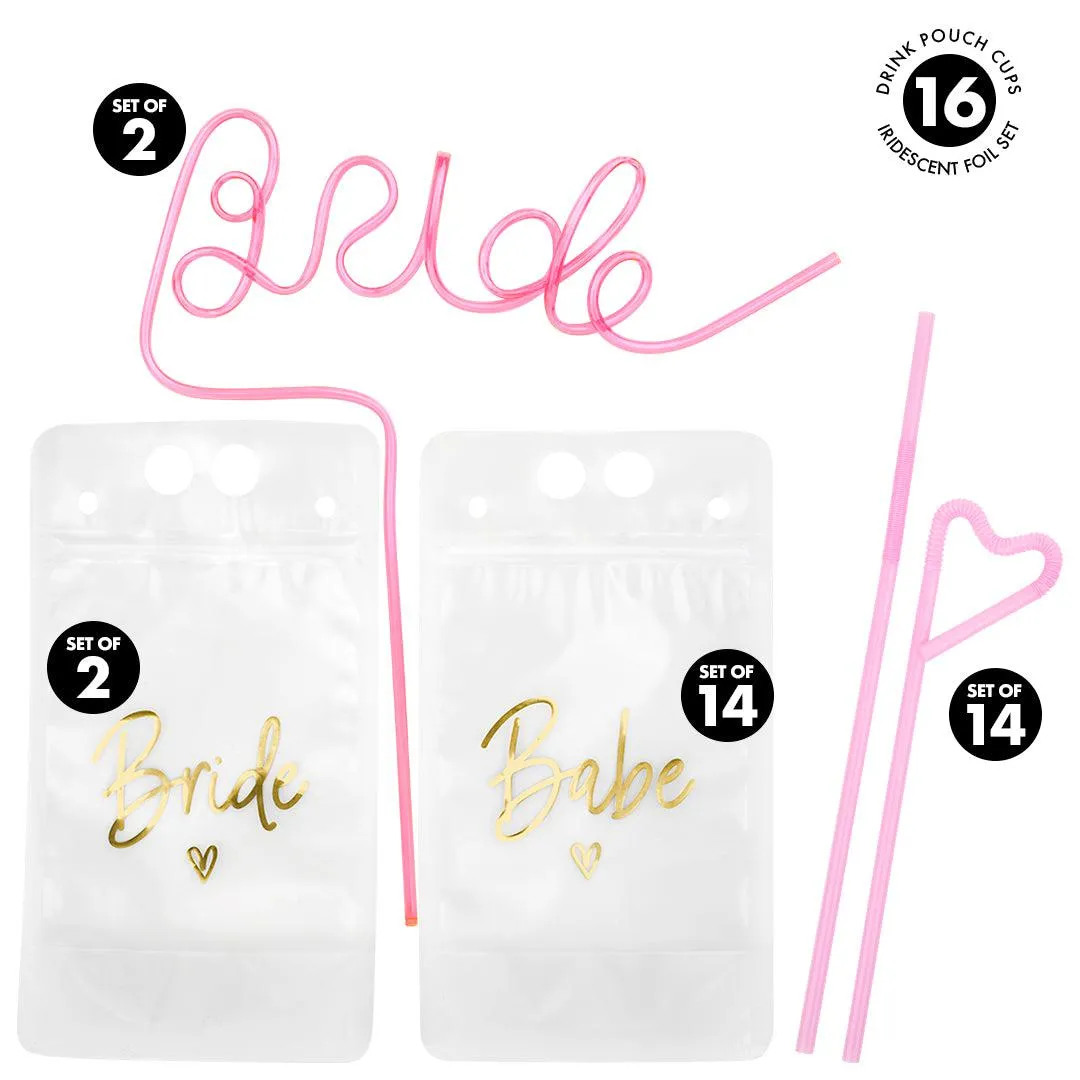 Bachelorette Drink Pouch Cups with Straws, 16 Pack