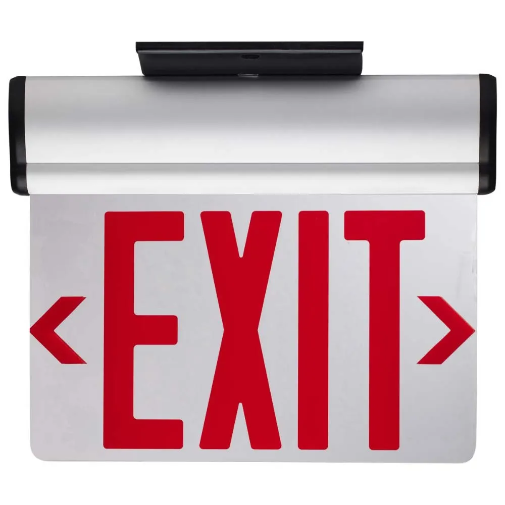 Edge-Lit LED Exit Sign, Dual face with Red Letters, Silver Finish, Battery Backup Included, Top/Back/End Mount