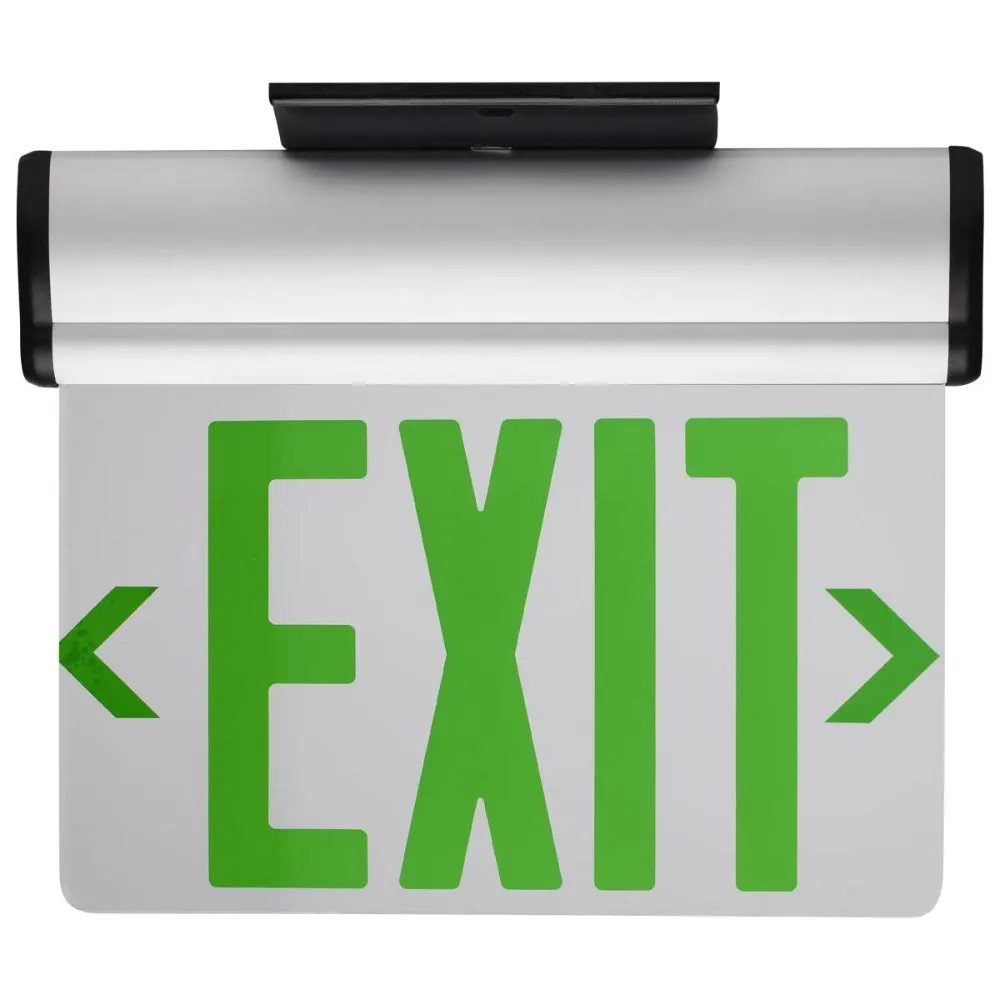 Edge-Lit LED Exit Sign, Single face with Green Letters, Silver Finish, Battery Backup Included, Top/Back/End Mount