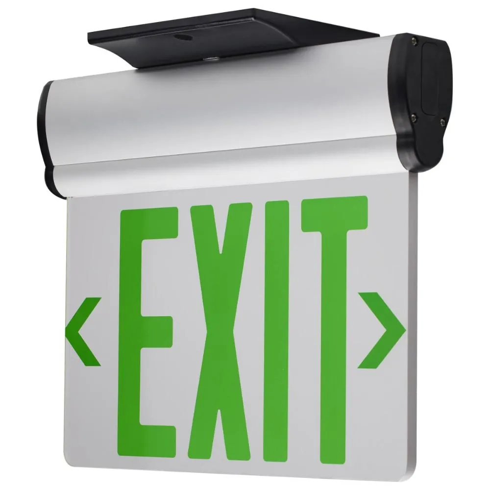 Edge-Lit LED Exit Sign, Single face with Green Letters, Silver Finish, Battery Backup Included, Top/Back/End Mount