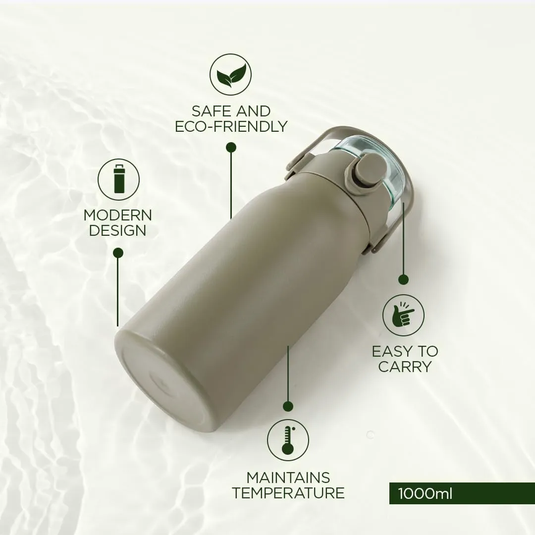 Homestic Water Bottle | Vacuum Insulated Travel Bottle | Hot & Cold Water Bottle | Sipper Lid & Handle Water Bottle | 1000 ML | Pack of 3 | HH-22111D | Green