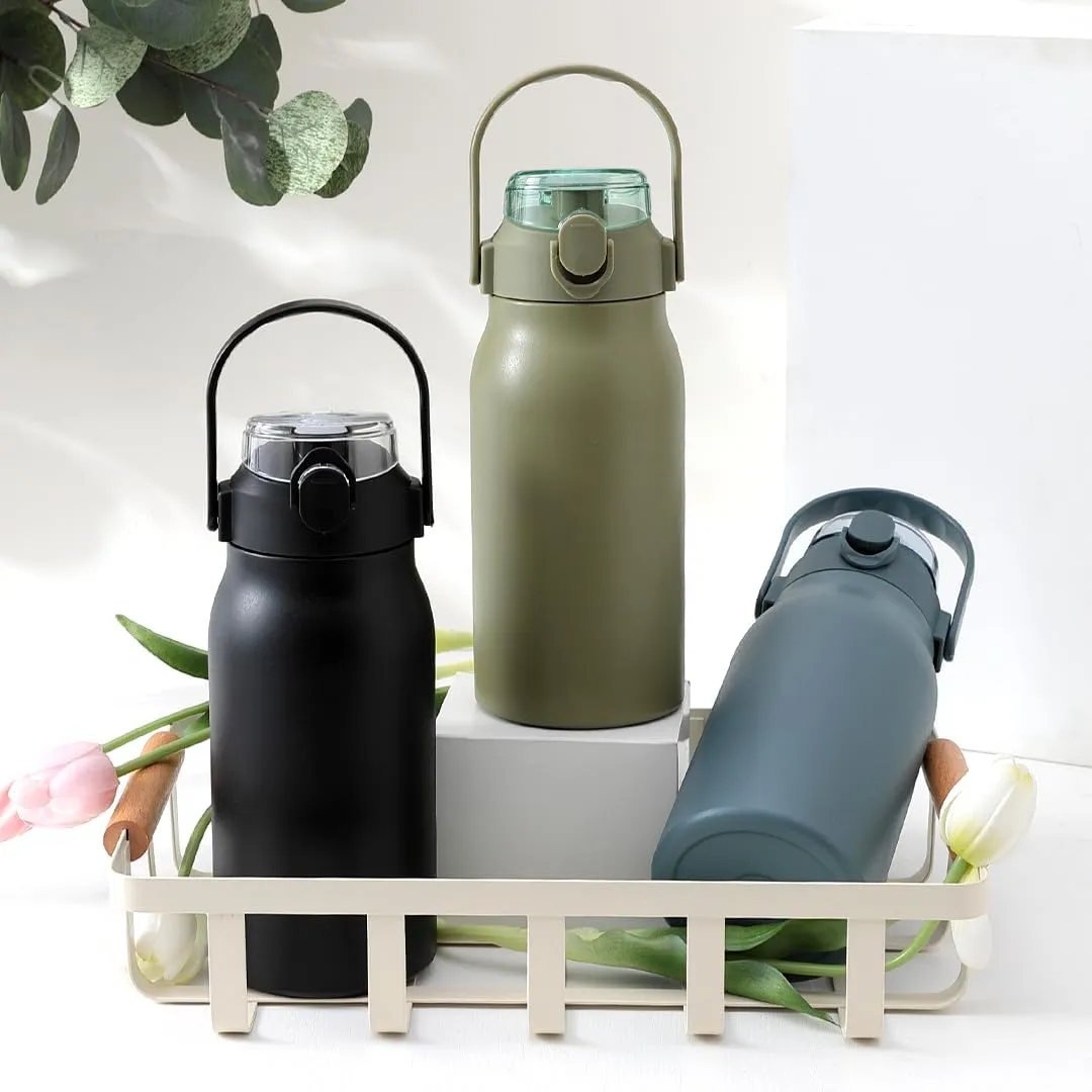 Homestic Water Bottle | Vacuum Insulated Travel Bottle | Hot & Cold Water Bottle | Sipper Lid & Handle Water Bottle | 1000 ML | Pack of 3 | HH-22111D | Green