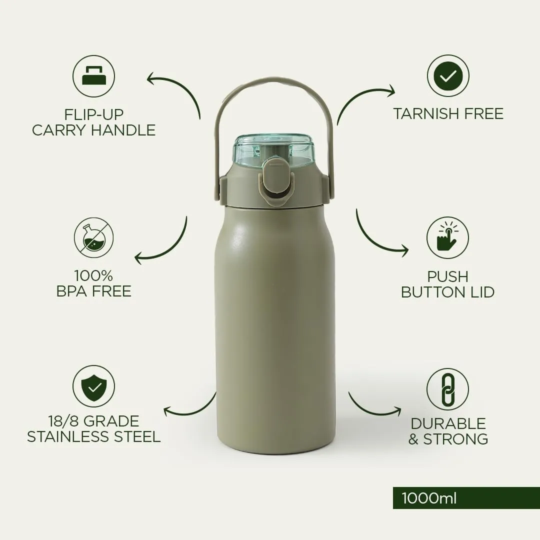 Homestic Water Bottle | Vacuum Insulated Travel Bottle | Hot & Cold Water Bottle | Sipper Lid & Handle Water Bottle | 1000 ML | Pack of 3 | HH-22111D | Green
