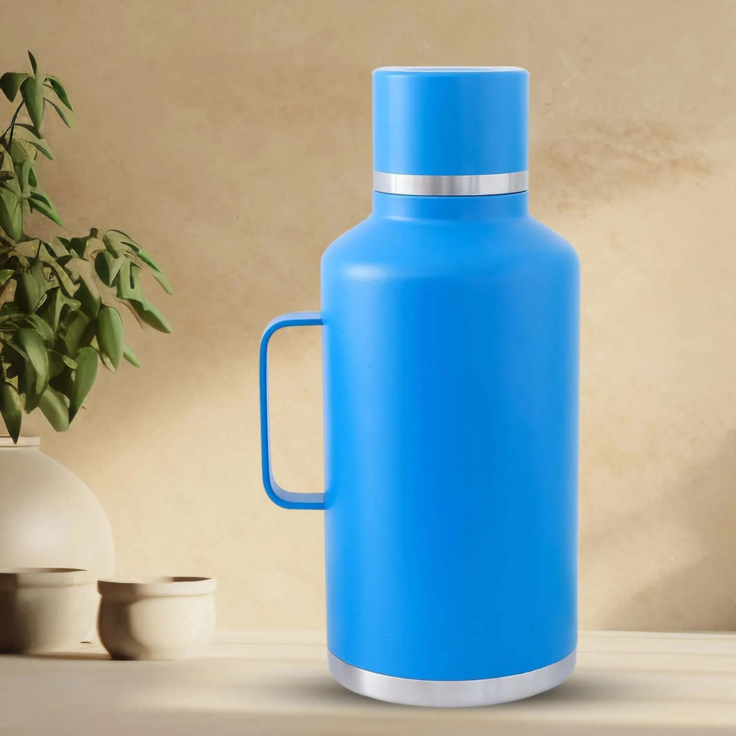 Kuber Industries Pack of 5 Vacuum Insulated Water Bottle | Stainless Steel Water Bottle with Handle | Hot & Cold Water Bottle | Leakproof, BPA Free, Rustproof | 2000 ML | Blue