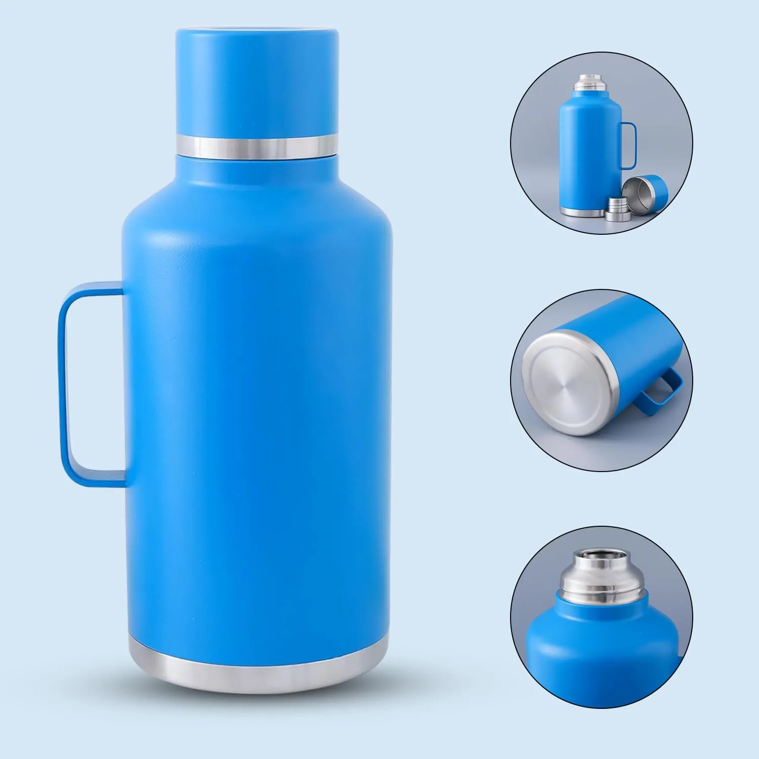Kuber Industries Pack of 5 Vacuum Insulated Water Bottle | Stainless Steel Water Bottle with Handle | Hot & Cold Water Bottle | Leakproof, BPA Free, Rustproof | 2000 ML | Blue