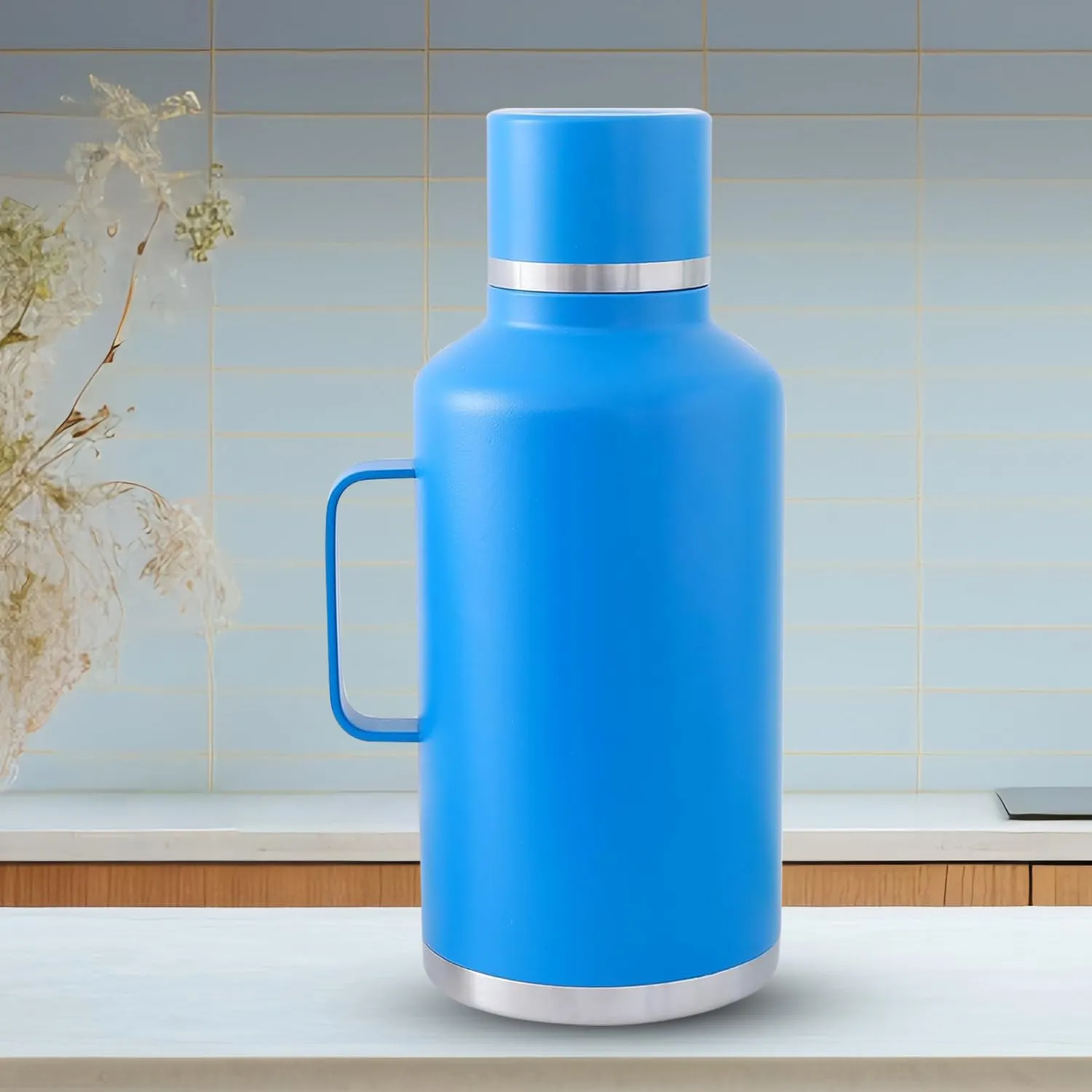 Kuber Industries Pack of 5 Vacuum Insulated Water Bottle | Stainless Steel Water Bottle with Handle | Hot & Cold Water Bottle | Leakproof, BPA Free, Rustproof | 2000 ML | Blue
