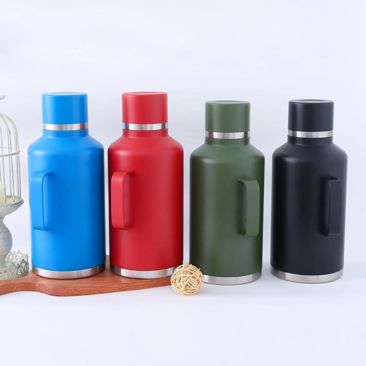 Kuber Industries Pack of 5 Vacuum Insulated Water Bottle | Stainless Steel Water Bottle with Handle | Hot & Cold Water Bottle | Leakproof, BPA Free, Rustproof | 2000 ML | Blue