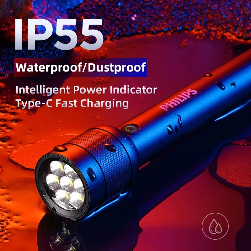 Philips 3000 Lumen Flashlight  IP55 Waterproof High Power Rechargeable LED Flashlight Camping Light for Self Defense Outdoors