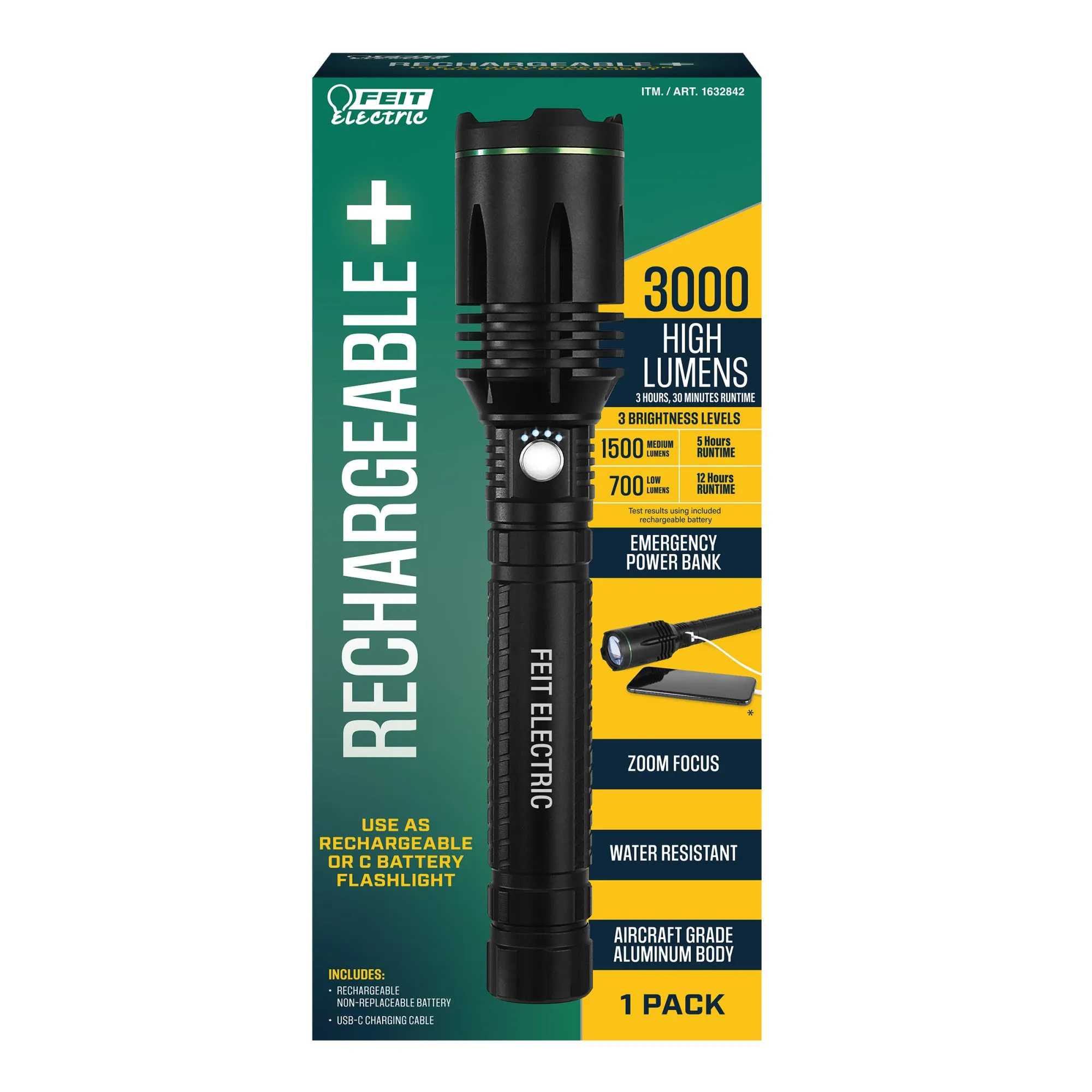 Rechargeable 3000 Lumen Adjustable Flashlight Built In Power Bank