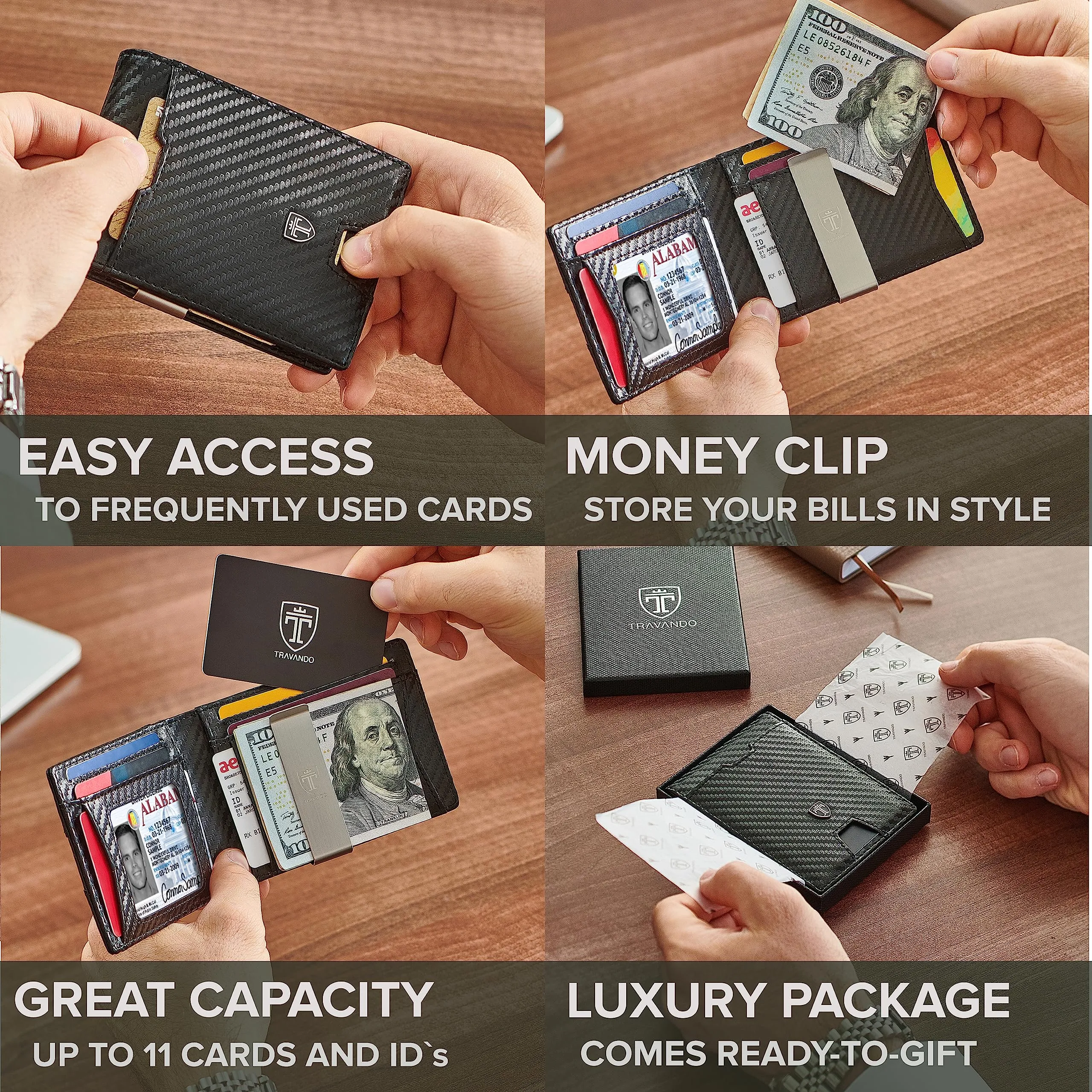 TRAVANDO Mens Slim Wallet with Money Clip AUSTIN RFID Blocking Bifold Credit Card Holder for Men with Gift Box (Carbon)