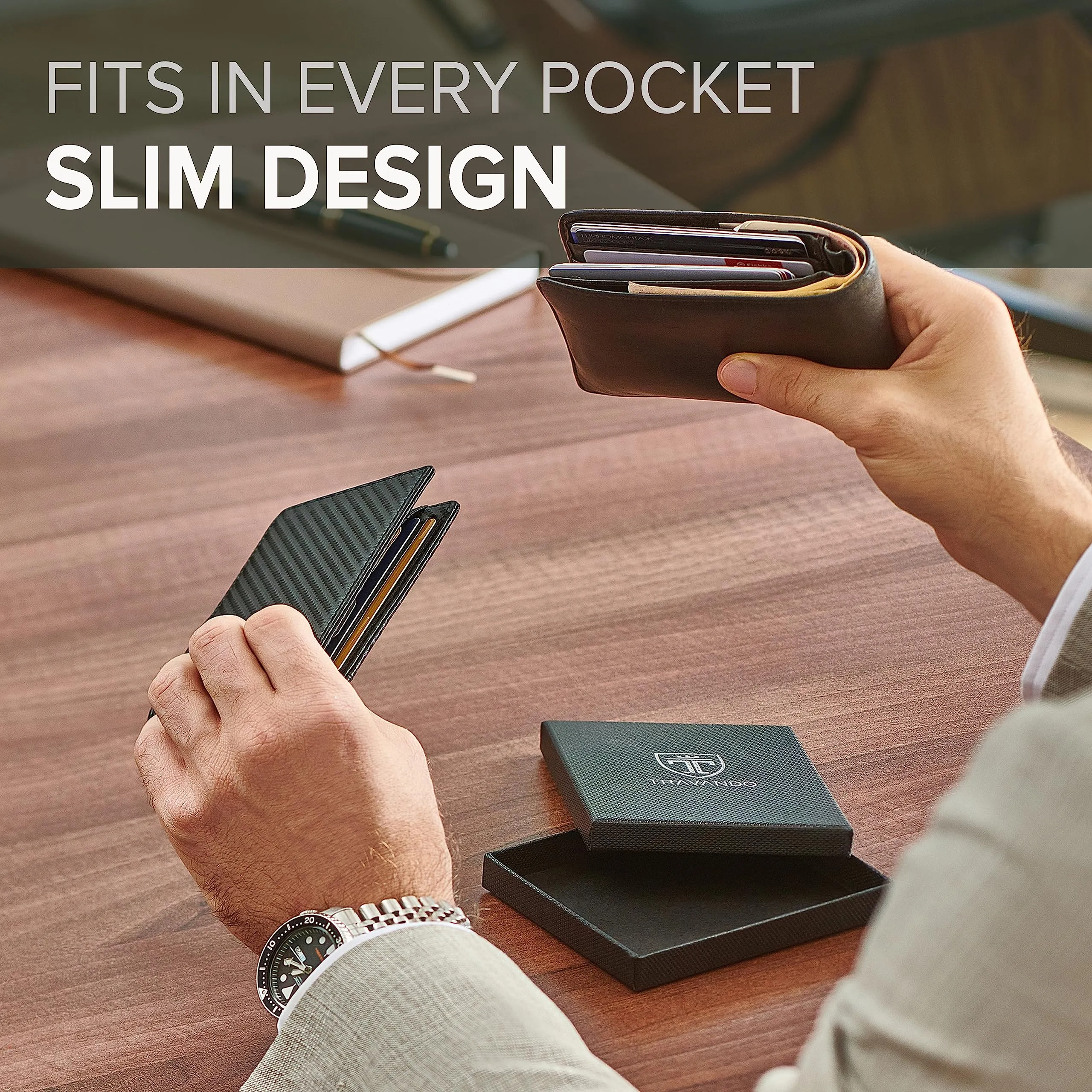 TRAVANDO Mens Slim Wallet with Money Clip AUSTIN RFID Blocking Bifold Credit Card Holder for Men with Gift Box (Carbon)